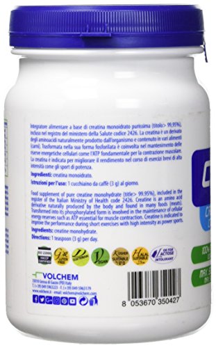 Volchem Creatyl Powder, Integratore Alimentare con Creatina Monoidrato di Grado Farmaceutico, 100% Purezza e Massima Solubilità, Senza Grassi e Conservanti, Barattolo con Polvere Solubile, 300 g