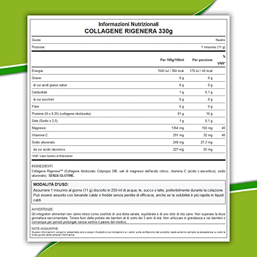 WHY NATURE COLLAGENE RIGENERA - Collagene Idrolizzato Puro e Naturale - Con Magnesio, Vitamina C e Acido Ialuronico - 330gr