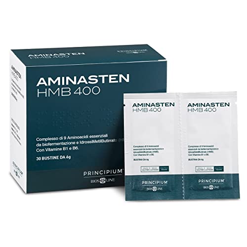 BIOSLINE Aminasten HMB 400, Integratore Alimentare, Riduce Stanchezza e Affaticamento, 30 Bustine Solubili, Gusto Gradevole, Senza Glutine e Lattosio