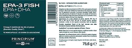 BIOS LINE Principium EPA-3 Fish, Integratore alimentare ricco di Omega 3, Integratore compresse che contribuisce alla normale funzione cardiaca, 90 mini-capsule