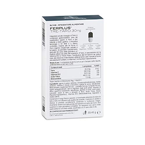 BIOS LINE Principium FerPlus Tre-Tard, Integratore ferro a triplo rilascio, Integratore compresse contro la stanchezza con vitamina c e vitamina b12, 30 Compresse gastroresistenti a tre strati