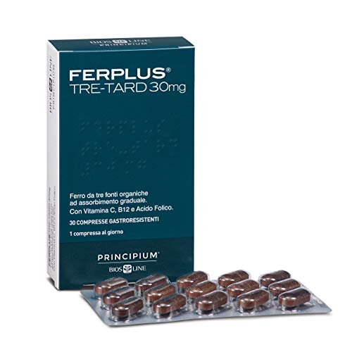 BIOS LINE Principium FerPlus Tre-Tard, Integratore ferro a triplo rilascio, Integratore compresse contro la stanchezza con vitamina c e vitamina b12, 30 Compresse gastroresistenti a tre strati