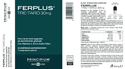 BIOS LINE Principium FerPlus Tre-Tard, Integratore ferro a triplo rilascio, Integratore compresse contro la stanchezza con vitamina c e vitamina b12, 30 Compresse gastroresistenti a tre strati