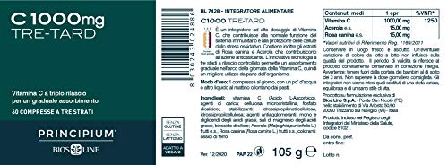 BIOS LINE Principium Tre-Tard, Vitamina C 1000mg a triplo rilascio, Integratore antiossidante per le difese dell'organismo, Vitamina c compresse con estratti di Rosa Canina e Acerola