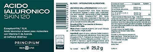 BIOS LINE Principium Acido Ialuronico Skin 120, Integratore collagene con acido ialuronico e vitamina c, Integratore pelle naturale senza glutine e senza lattosio, 60 capsule vegetali