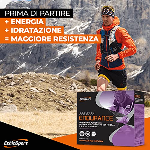 Pre gara Endurance - Confezione da 20 x 19 gr - Integratore alimentare di amminoacidi e vitamine con minerali e glucidi sequenziali. Adatto nel pre allenamento in attività di resistenza