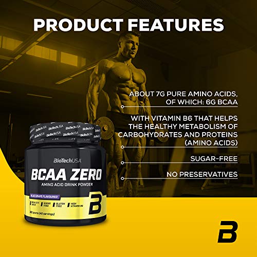 BioTechUSA BCAA Zero Bevanda in polvere di aminoacidi aromatizzata senza zucchero, con L-leucina, L-isoleucina e vitamina B6, 360 g, Arancia