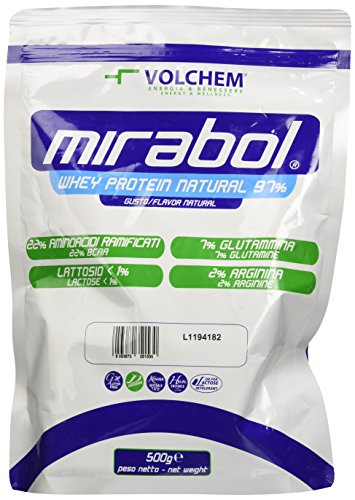 Volchem Mirabol Whey Protein 97, Integratore Alimentare con Proteine del Siero del Latte, 22% Aminoacidi Ramificati, con Arginina e Glutammina, Busta con Polvere Solubile, Gusto Natural, 500 g