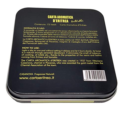 CASANOVA - carta d'Eritrea 72 listelli in scatola di metallo confezione regalo, cartine biologiche da bruciare profumano e purificano gli ambienti