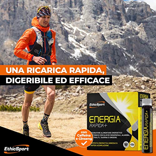 EthicSport - Energia Rapida + - Confezione da 10 flaconi x 25 ml - Integratore alimentare energetico ipertonico con Glucidi sequenziali, Alanina, Elettroliti, Taurina e Ginseng